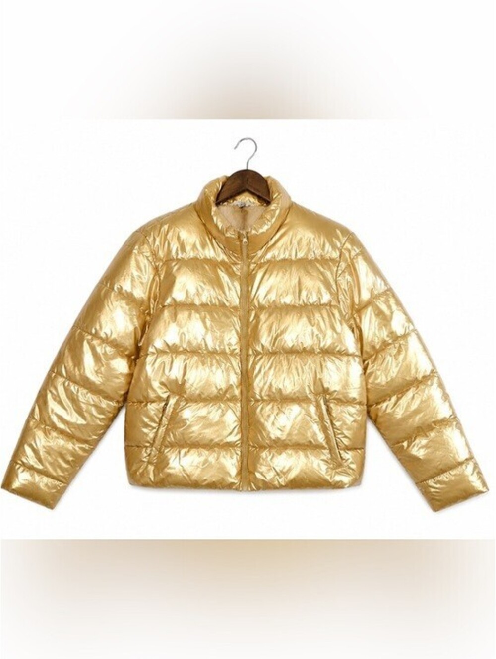Time and Tru Women's Gold Metallic Cropped Puffer Jacket Quilted Zip Front XL